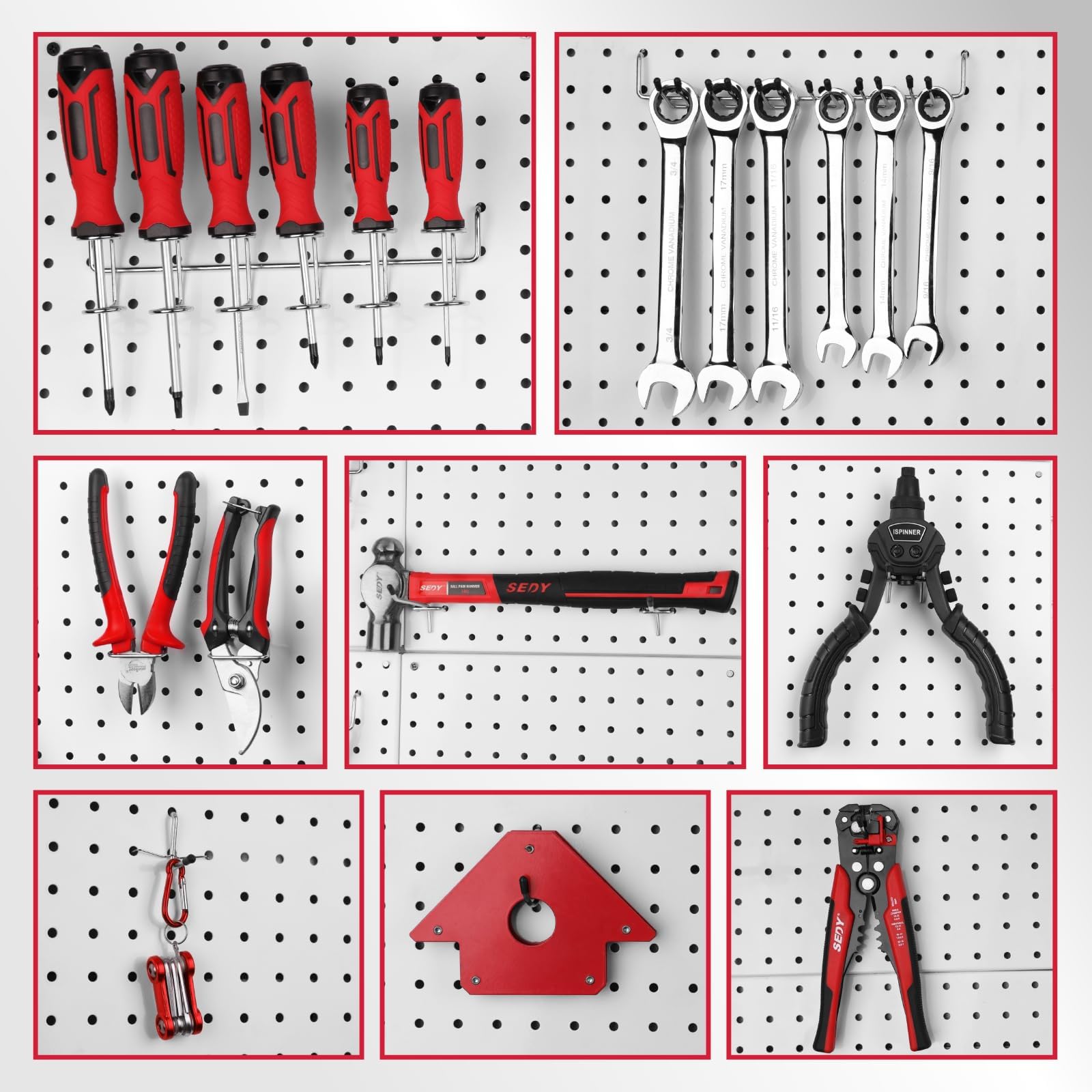 SEDY screws and accessories neatly stored in pegboard bins.