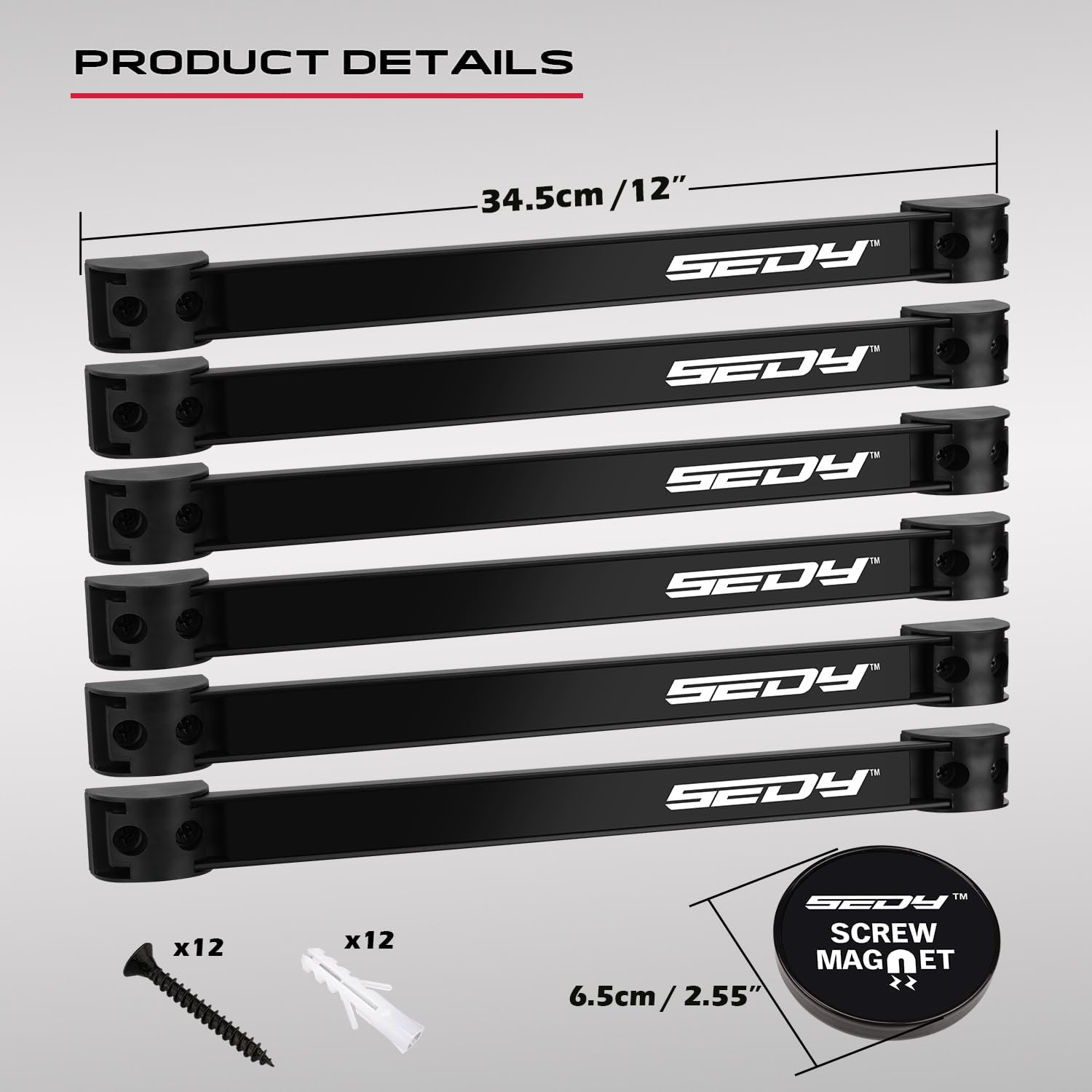SEDY seven-piece wall-mount organizer shown on slatwall for tidy, accessible storage.