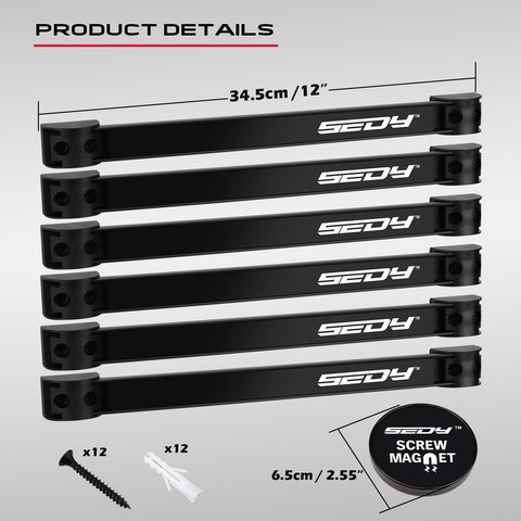 SEDY seven-piece wall-mount organizer shown on slatwall for tidy, accessible storage.