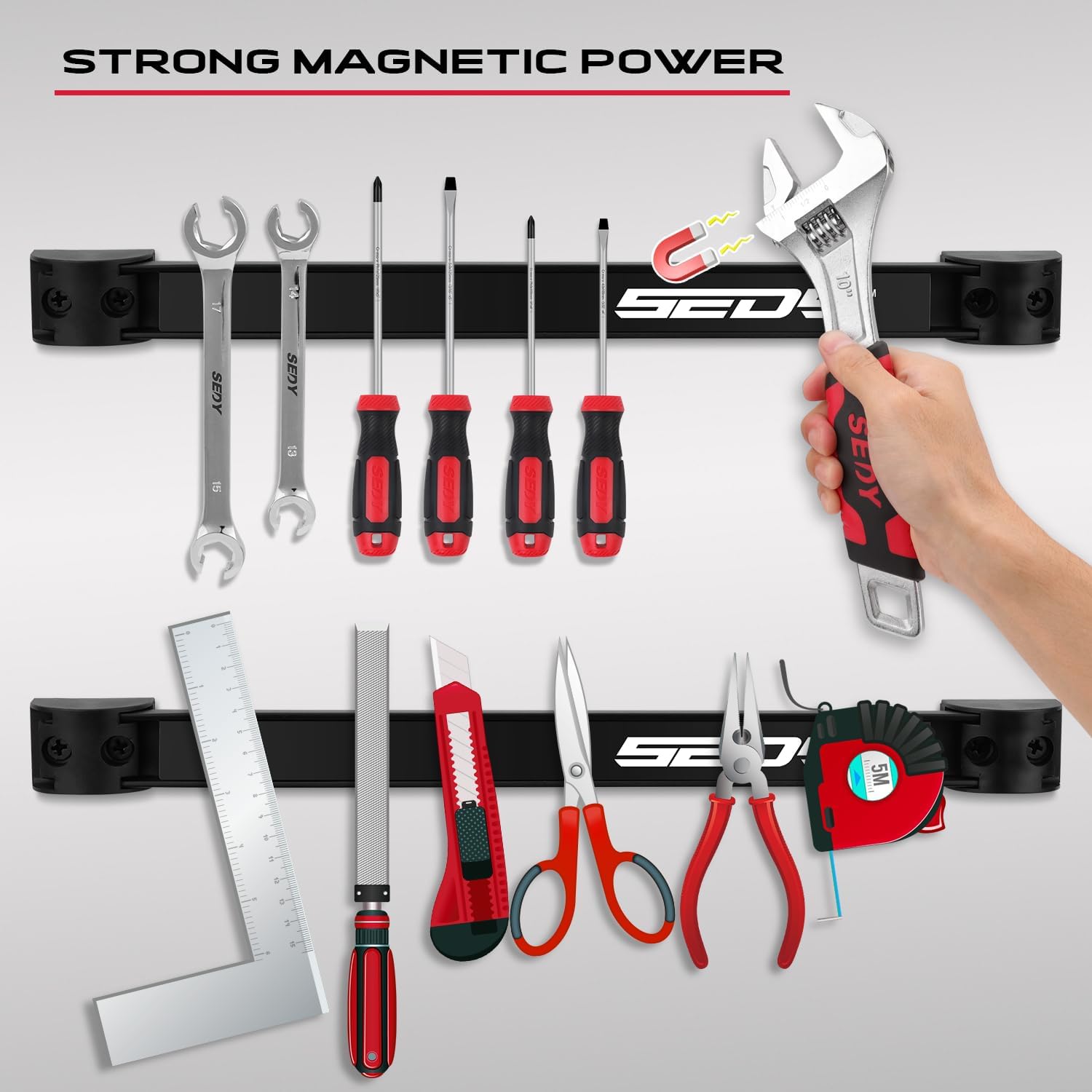 SEDY magnetic tool rail holds pliers and wrenches with easy reach.