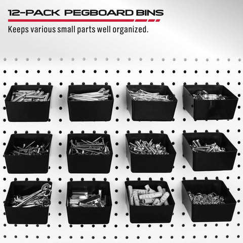 SEDY tool hangers and bins neatly displayed on pegboard.