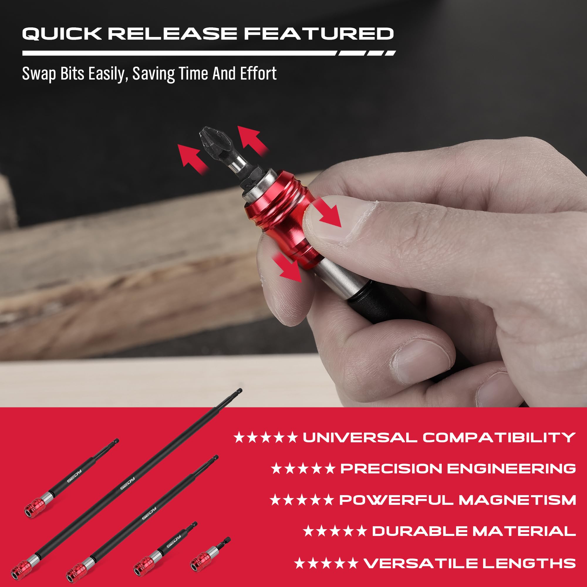 SEDY universal-compatibility quick-release feature shown with various bits.