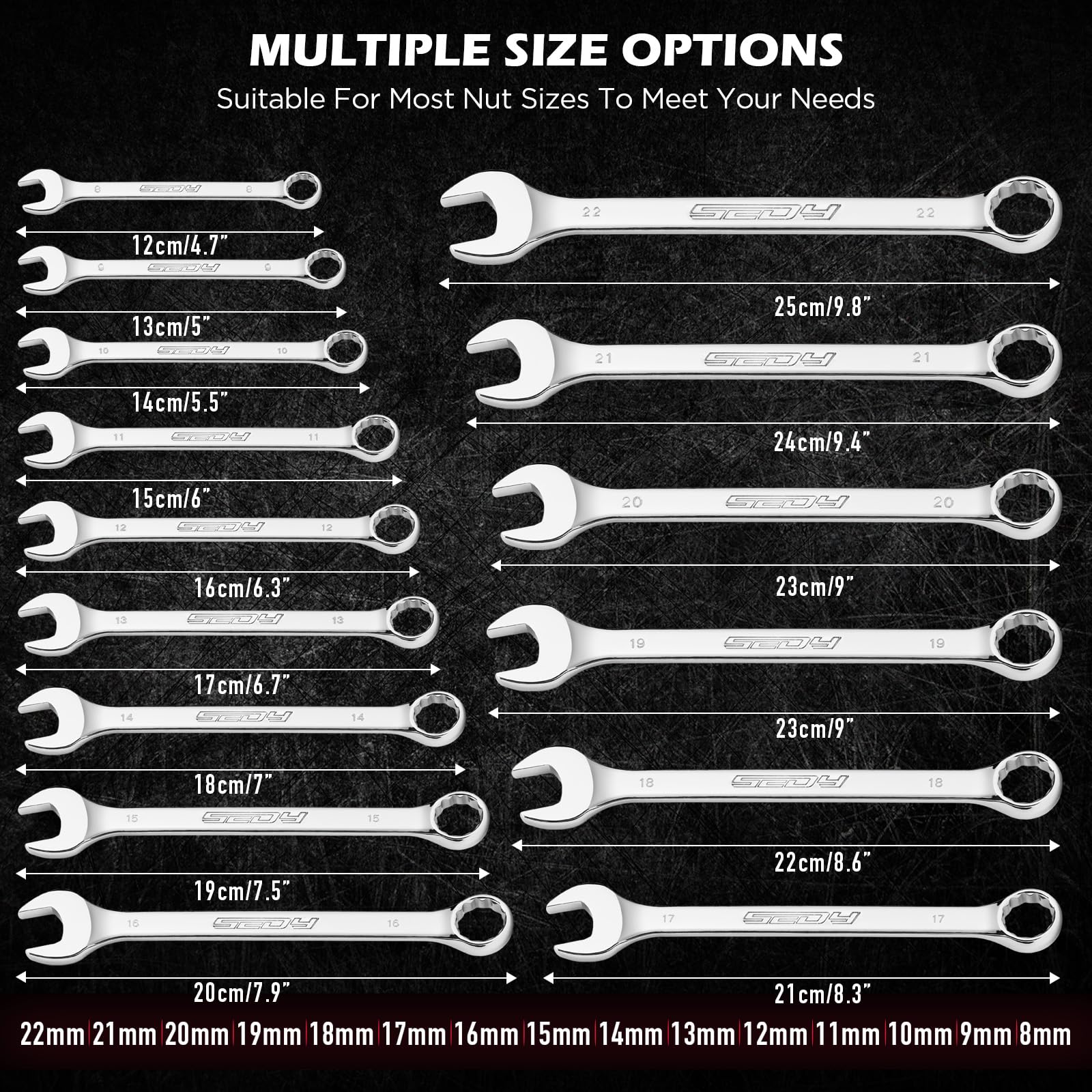SEDY wrenches organized on a sturdy rack for quick access.