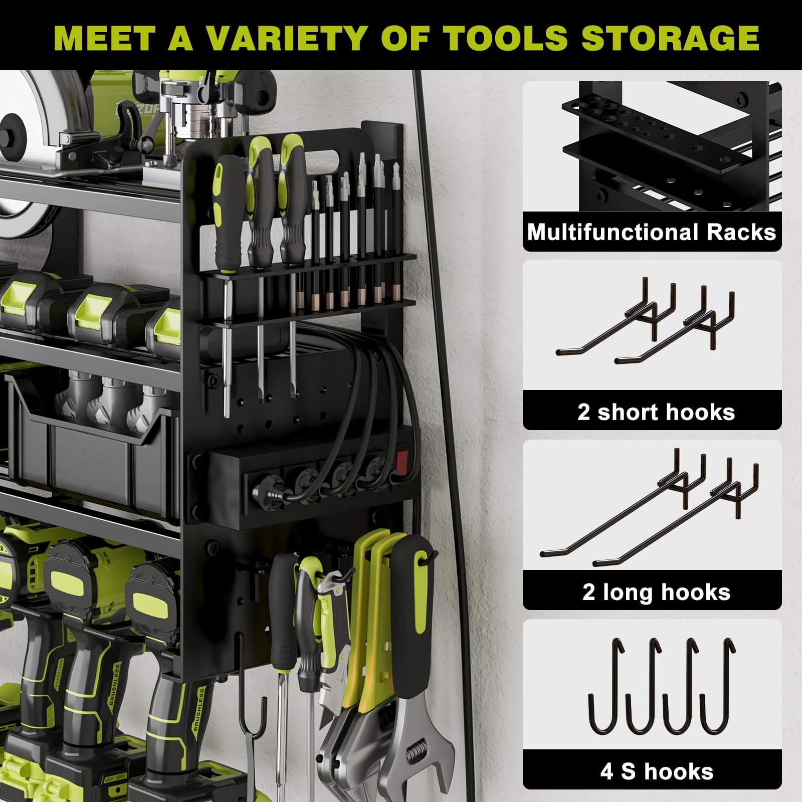 Seeahead heavy-duty metal rack supports heavy tools without sagging.