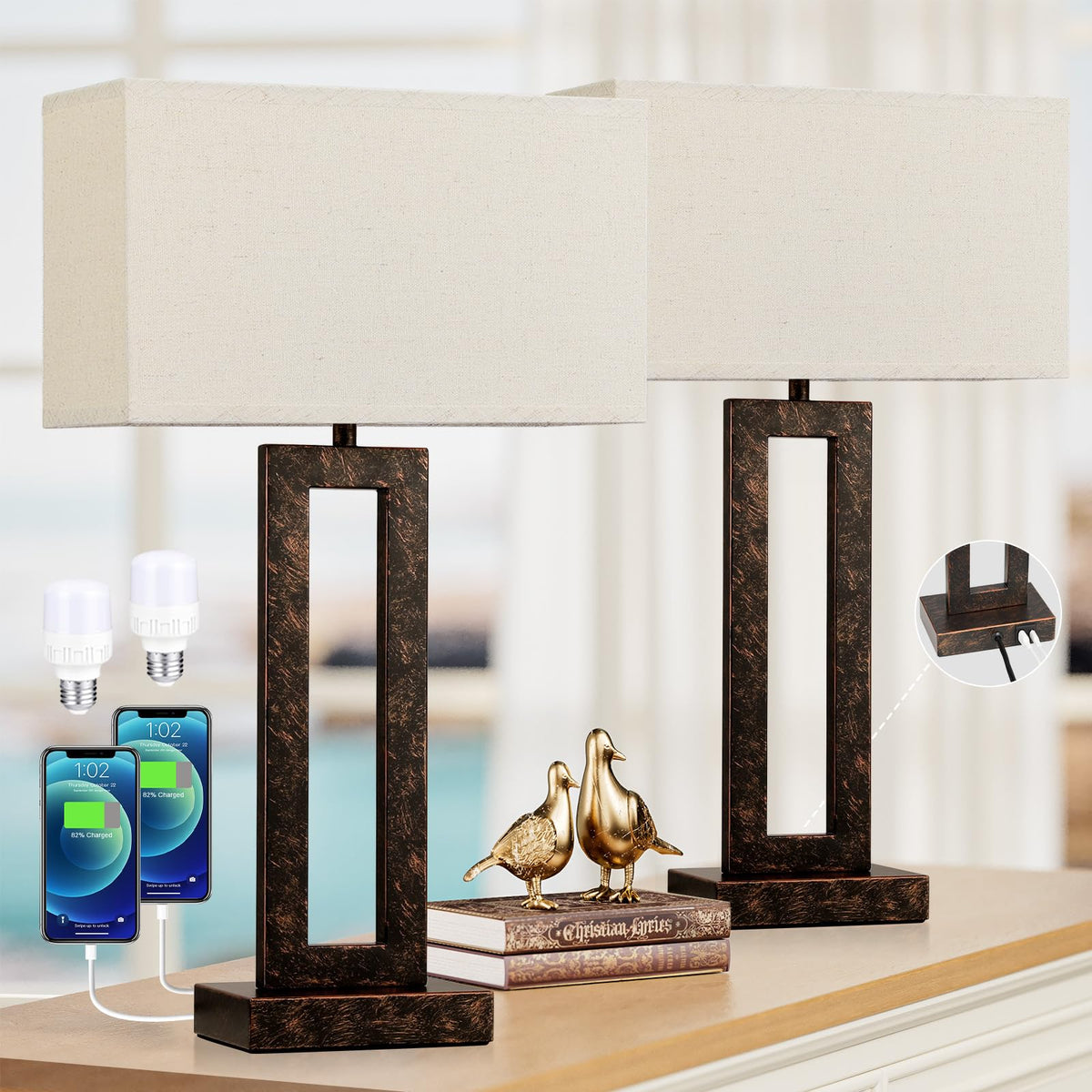 Seealle 22in living room lamp with beige-brown base for cozy ambience