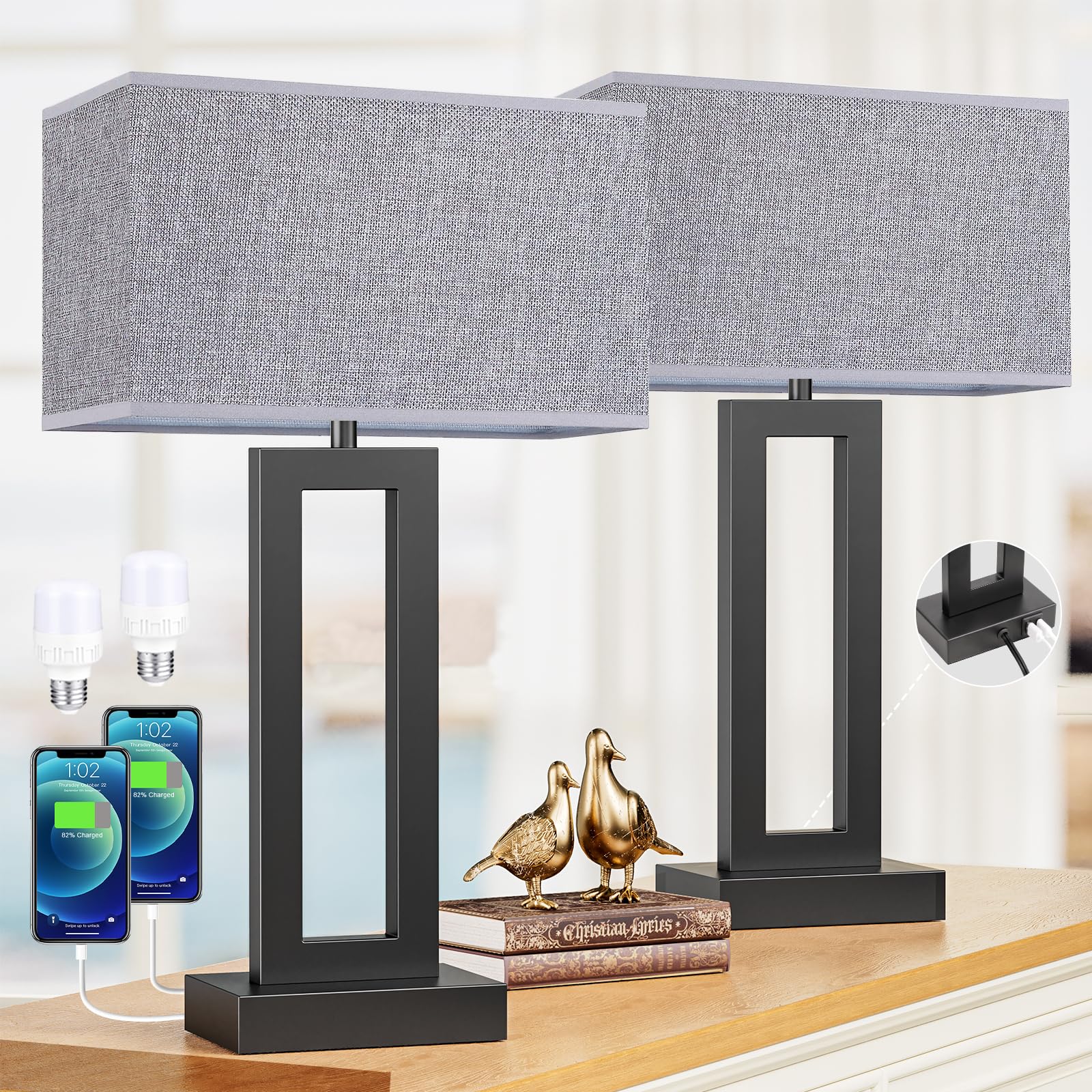 Seealle 22in tall living room lamps, front view in gray and black, ideal ambient lighting.