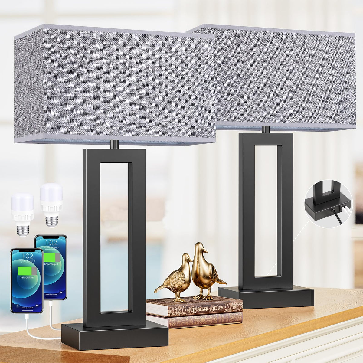 Seealle 22in tall living room lamps, front view in gray and black, ideal ambient lighting.