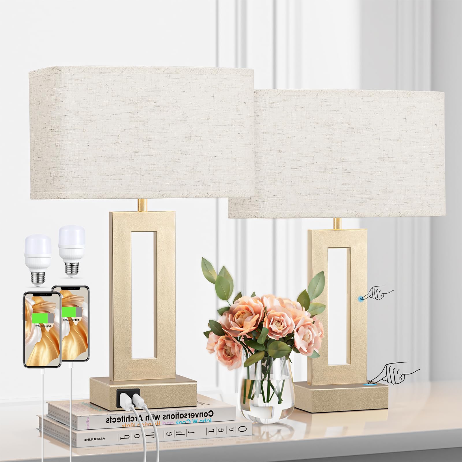 Seealle bedside lamps with beige gold touch control on nightstands.