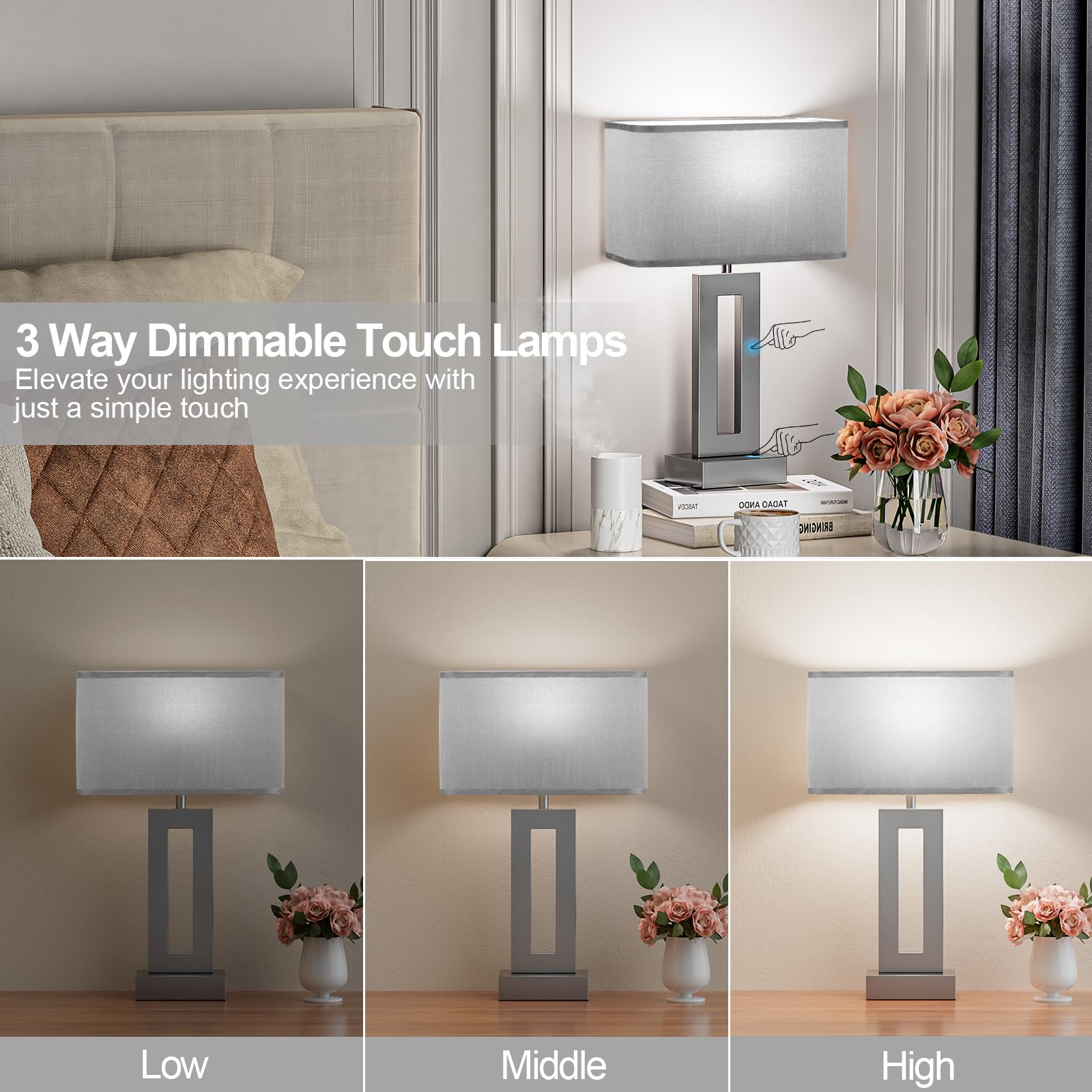 Seealle lamps with grey fabric shade provide soft, diffused light for relaxing evenings.