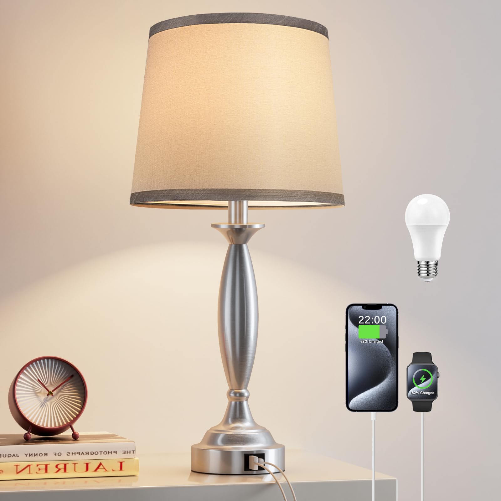 Seealle bedside lamp with USB-C and USB-A ports keeps devices charged.