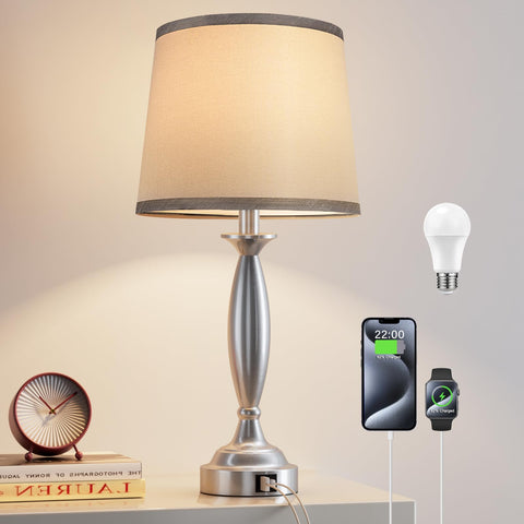 Seealle bedside lamp with USB-C and USB-A ports keeps devices charged.