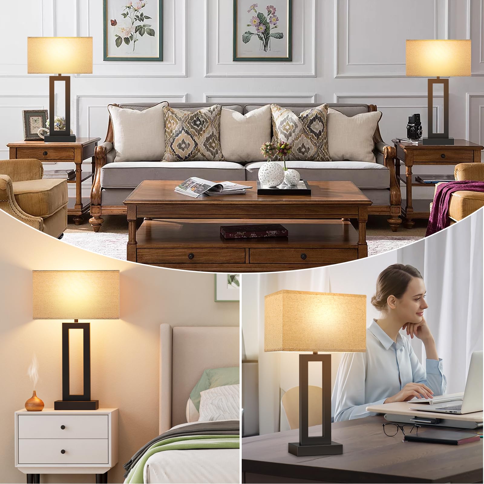 Seealle bedside lamps paired in beige and black for coordinated style.