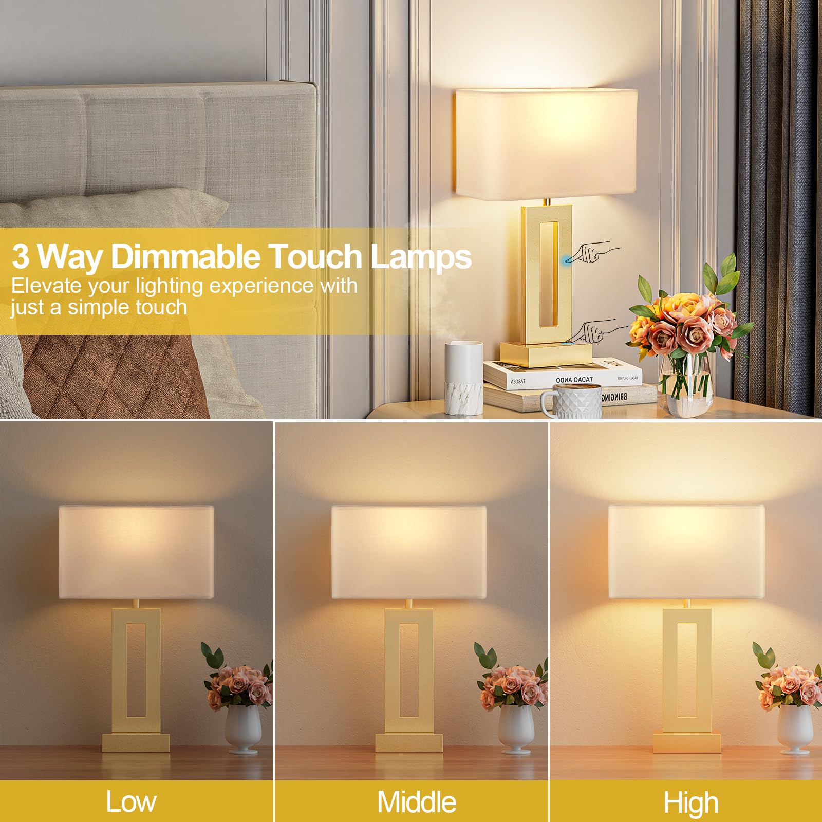 Seealle bedside lamps set 2 dimmed ambience—three-level brightness for reading or relaxing.