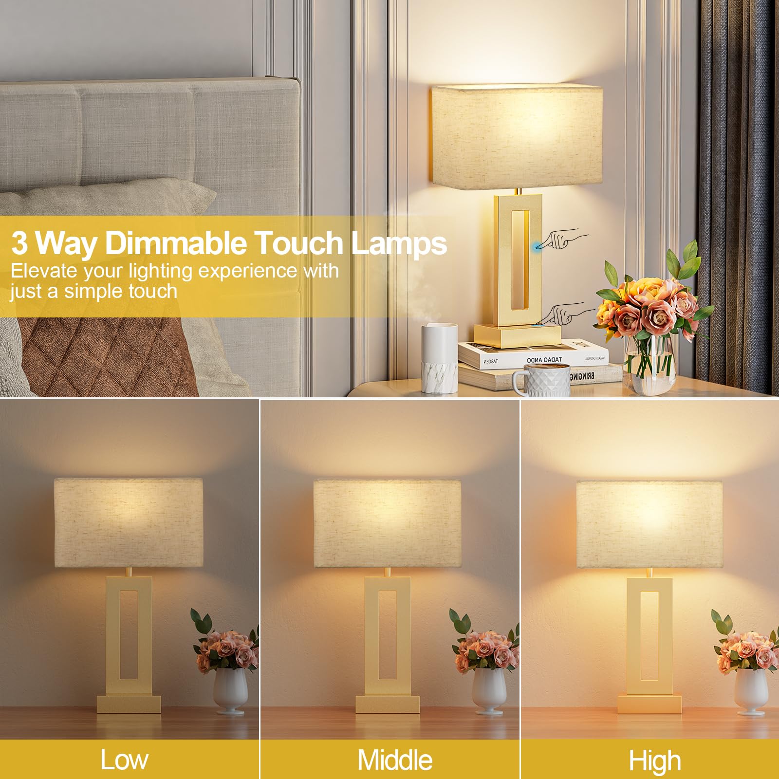Seealle three-way dimmable lamps showcasing touch control for mood settings.