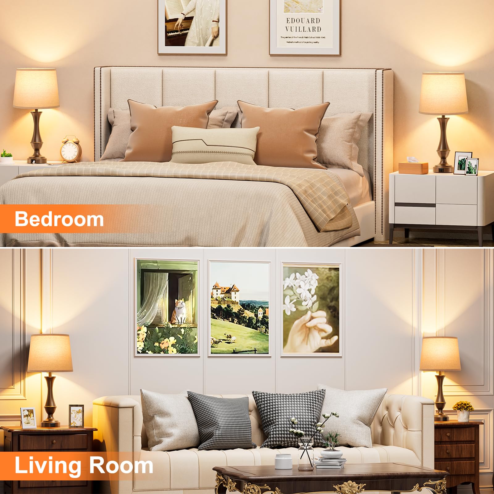 Seealle beige linen shade with black metal base adds chic decor to rooms.