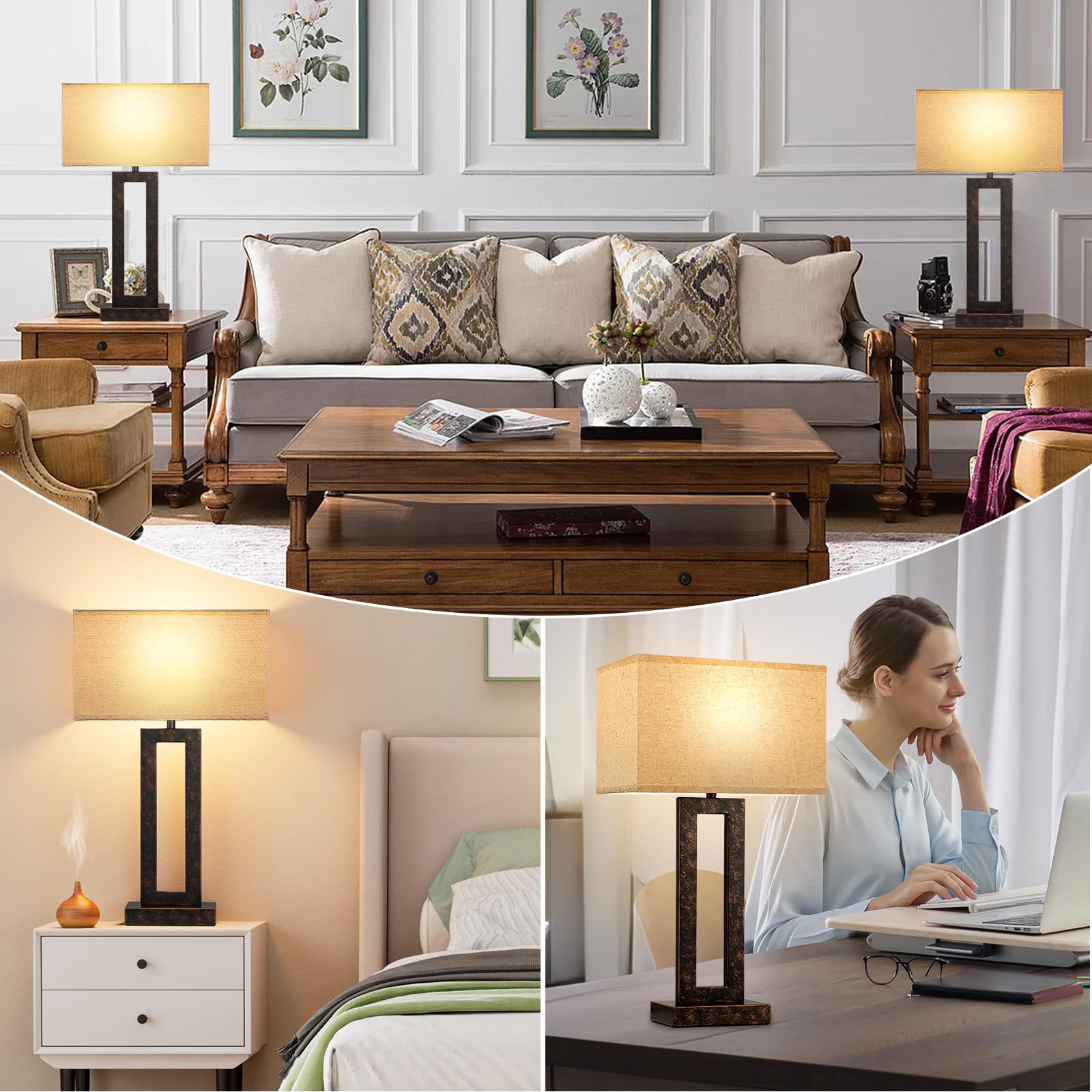 Seealle black metal base with linen shade adds modern flair