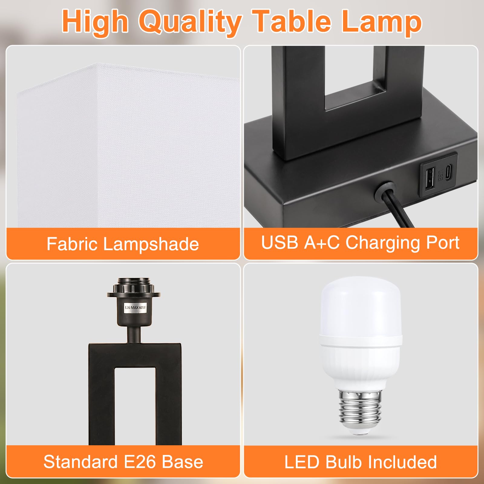 Seealle black metal base with white linen shade enhances modern decor.