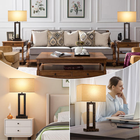 Seealle black metal base with linen shade adds modern flair