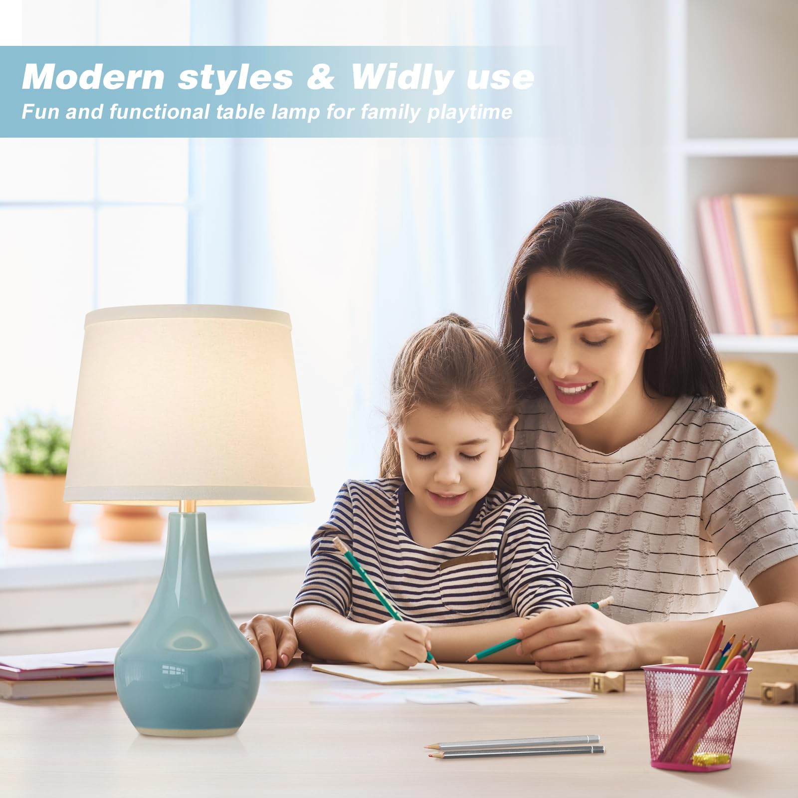 Seealle ceramic-base table lamp close-up shows glossy finish.