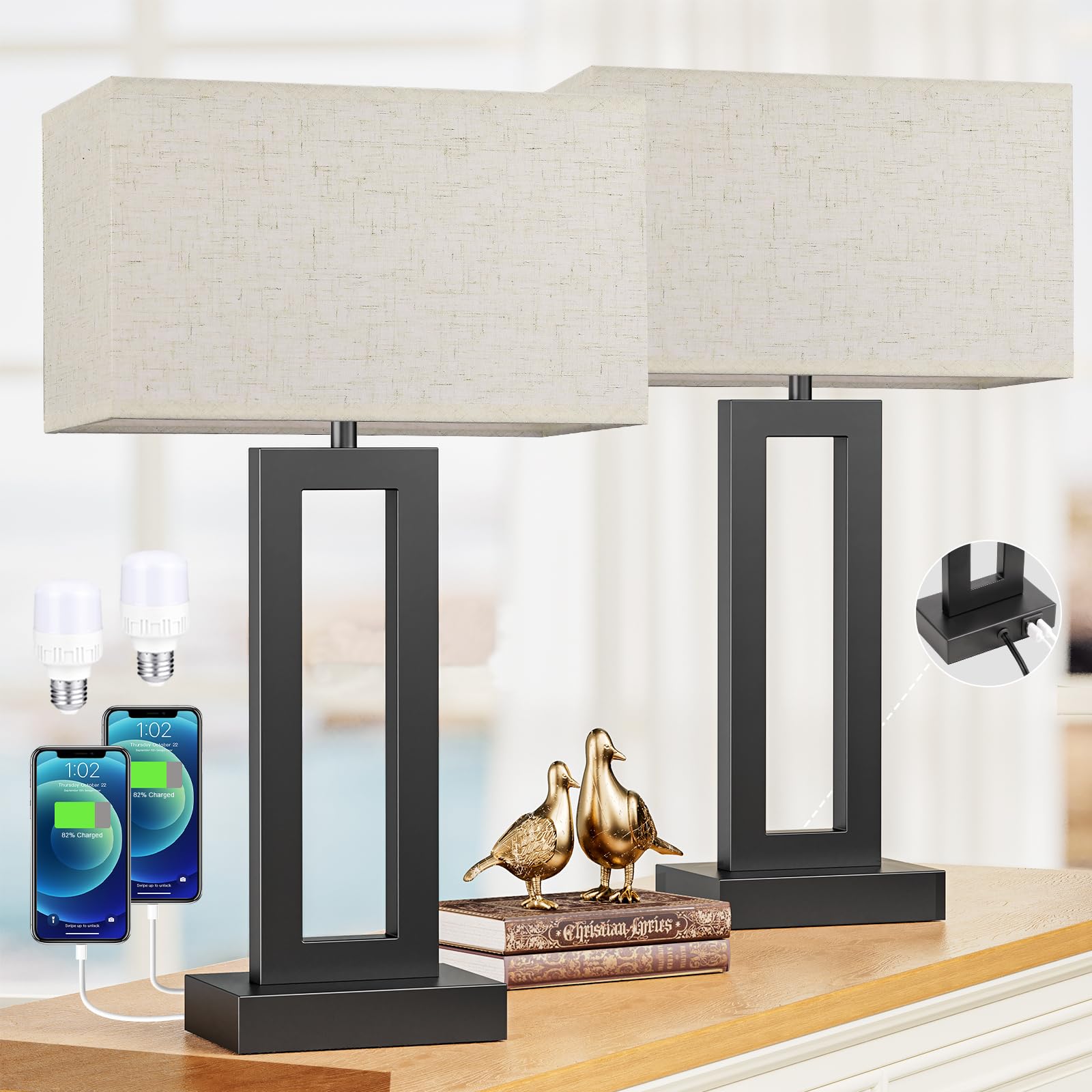 Seealle cream and black bedside lamp pair on nightstands for convenient ambient lighting
