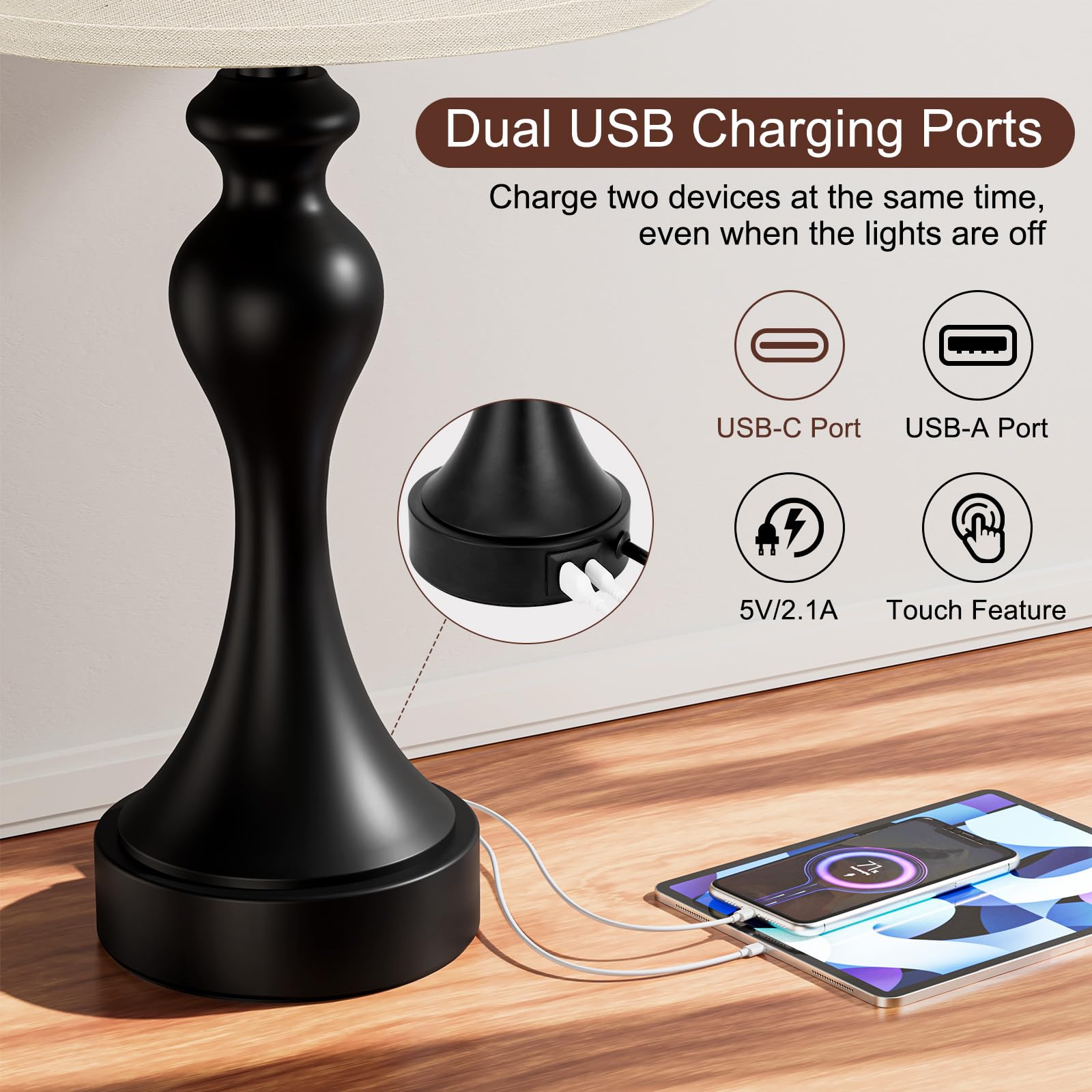 Seealle dual USB charging ports keep devices powered at bedside.