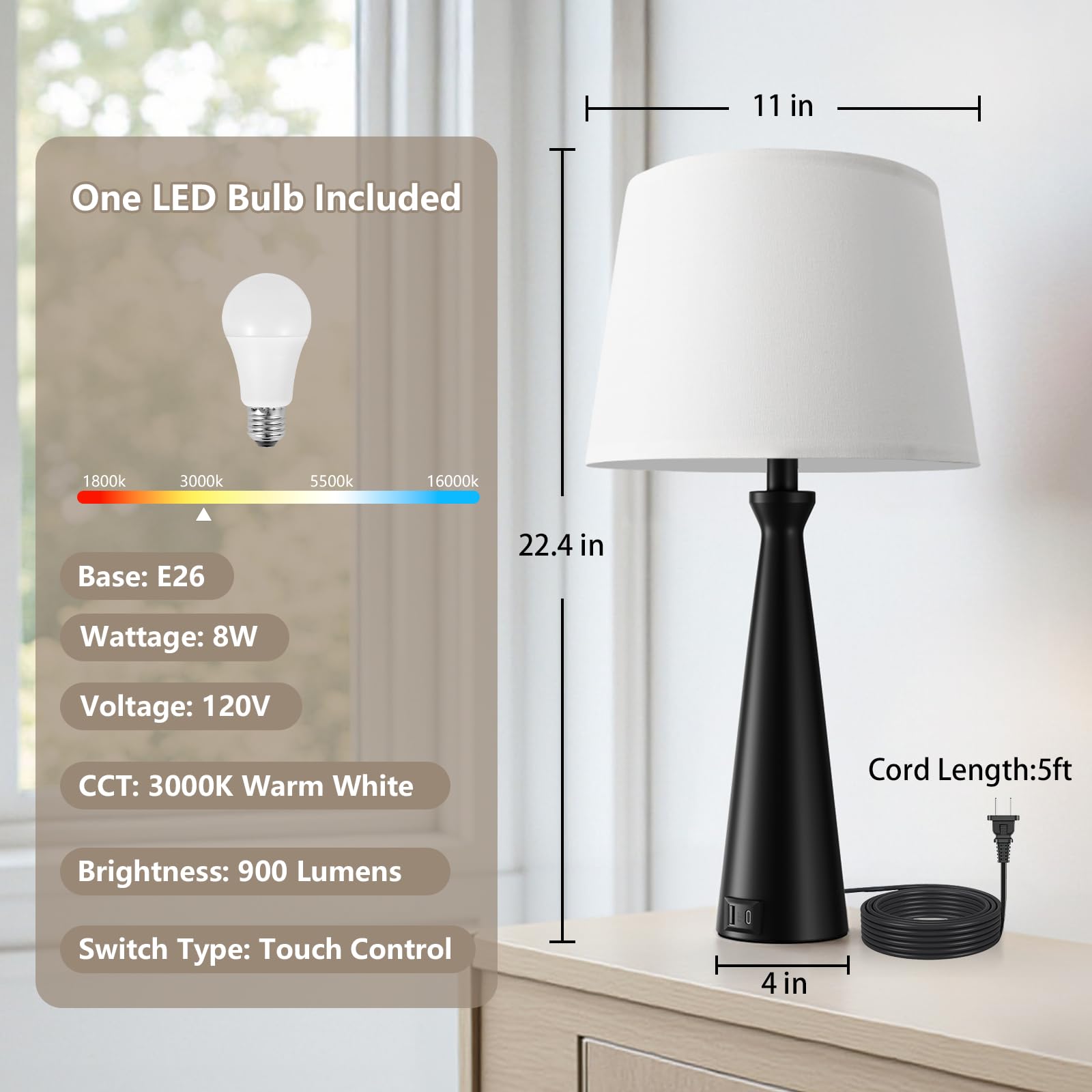 Seealle modern design nightstand lamp with shade adds contemporary decor appeal.