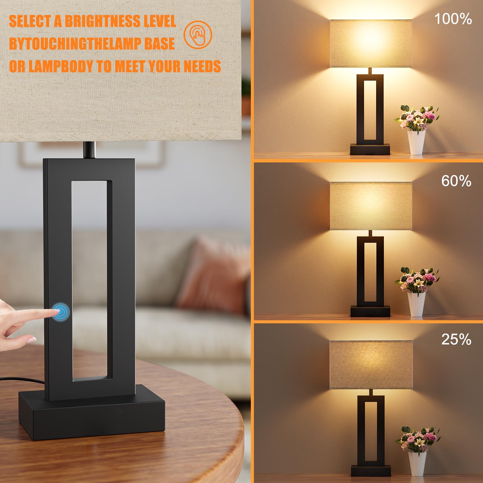 Seealle nightstand lamp showing three-way dimming for reading comfort