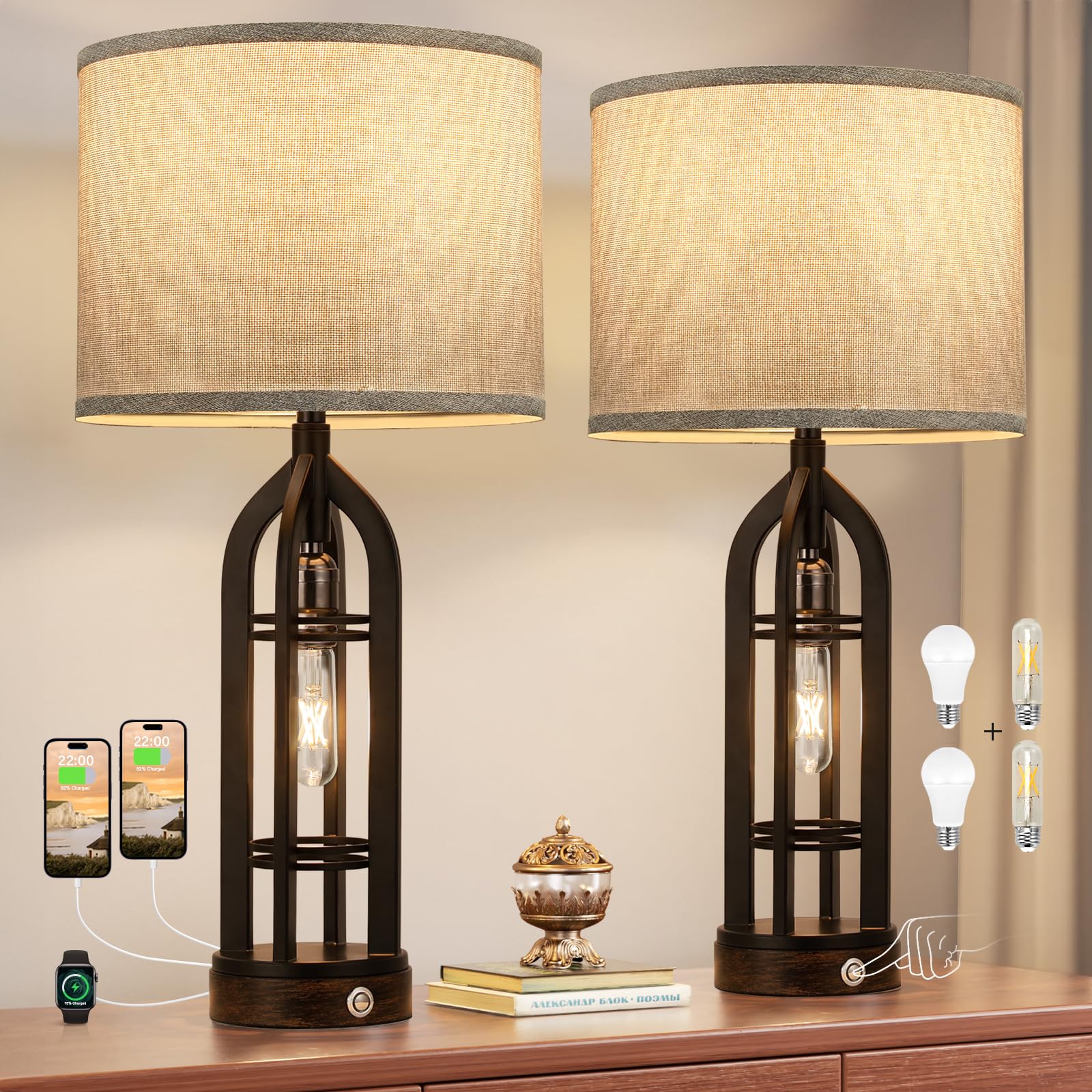 Seealle table lamp living room base with rustic metal and warm wood finish