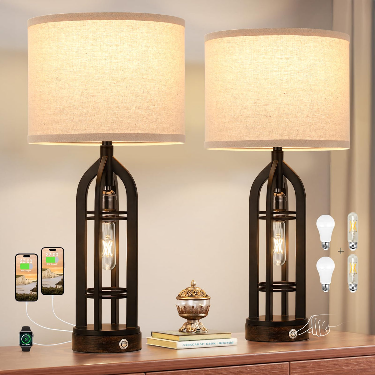 Seealle table lamps set of 2 with black birdcage design for cozy living room ambiance.