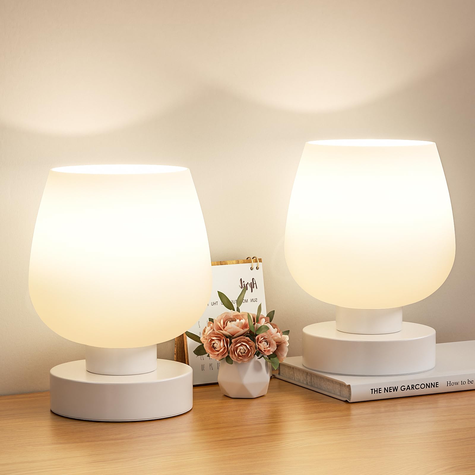Seealle Touch bedside lamp with opal shade for soft ambient light on a nightstand.