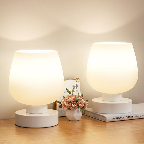 Seealle Touch bedside lamp with opal shade for soft ambient light on a nightstand.