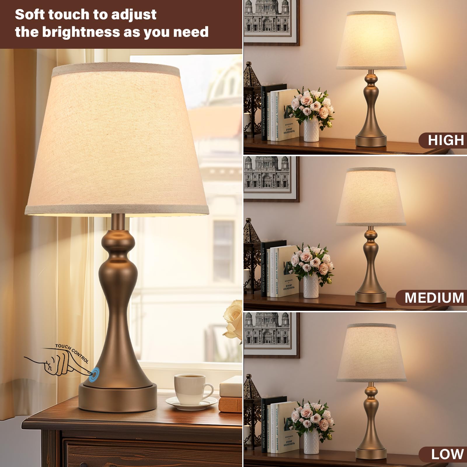 Seealle touch lamps demonstrate low, medium, and high brightness for reading.