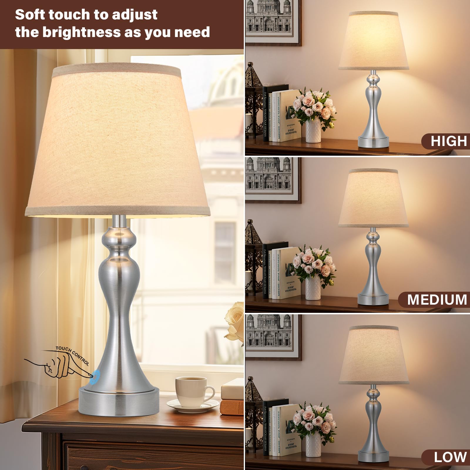 Seealle Touch Lamps nightstand shade glowing softly for reading