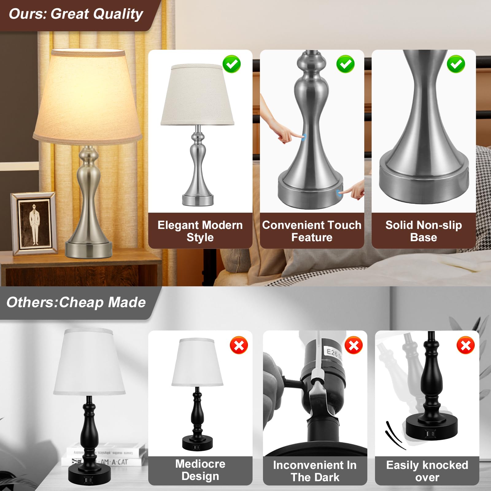 Seealle Touch Lamps set of two for coordinated bedside lighting