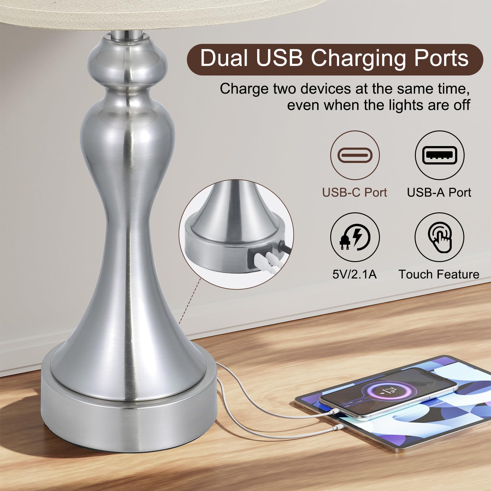 Seealle Touch Lamps USB ports charge devices at bedside while you relax