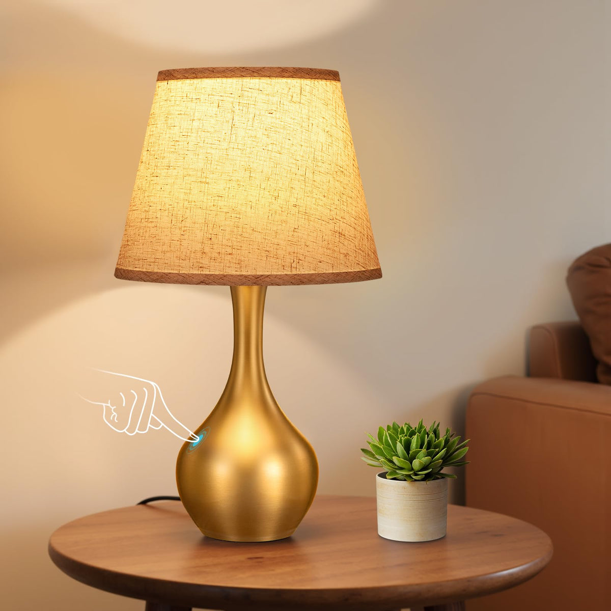 Seealle Touch table lamp with apple base in gold adds elegant bedside ambiance.