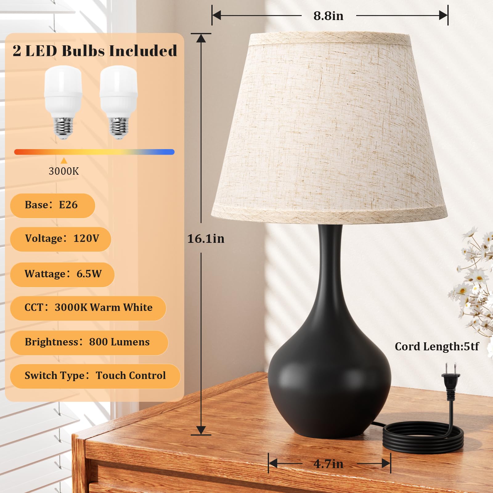 Seealle Touch Table Lamp features black metal finish for modern decor.