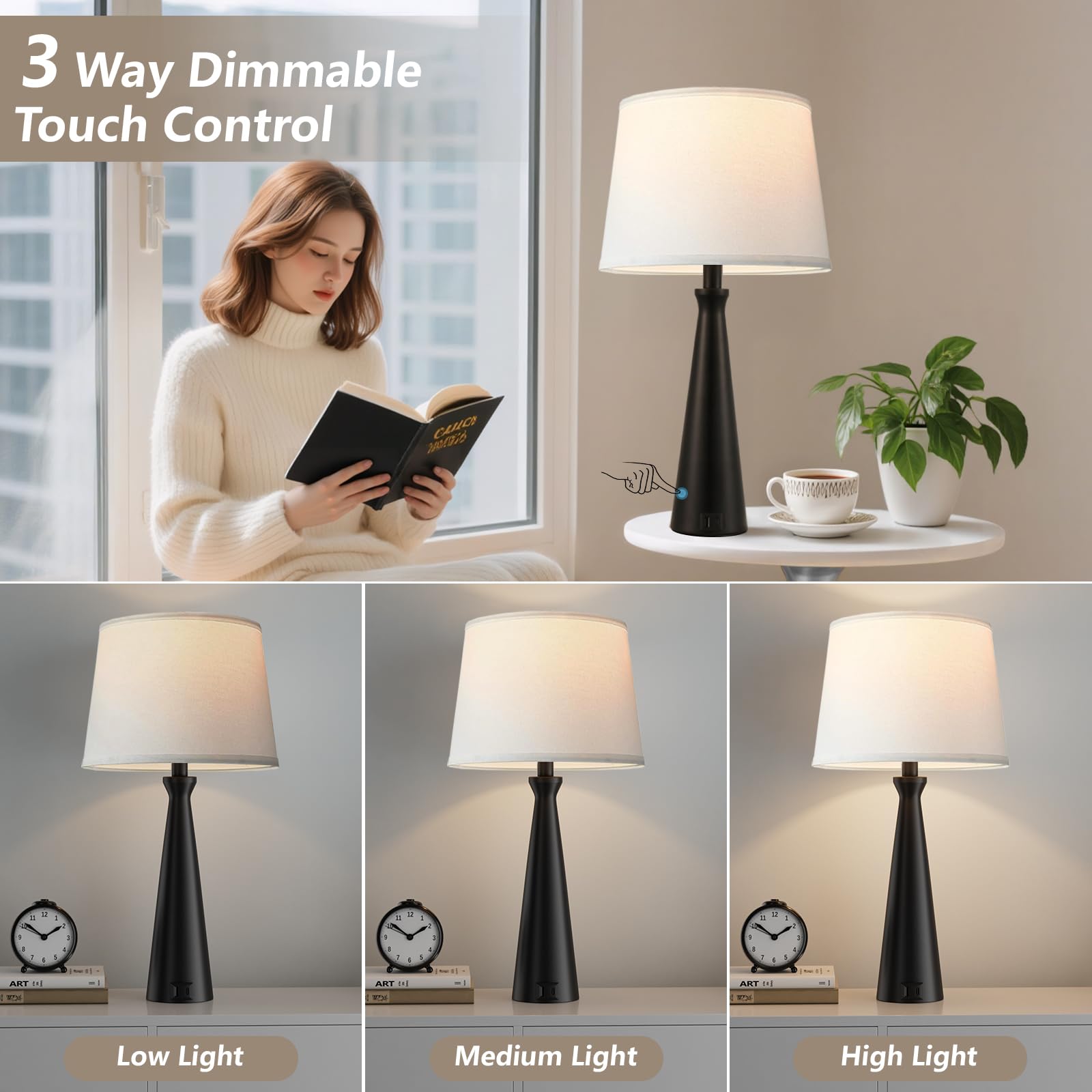 Seealle touch table lamp nightstand control for effortless brightness at night.