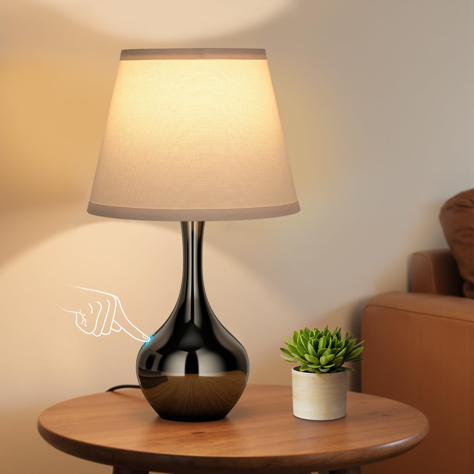 Seealle touch table lamp on nightstand with easy brightness control.