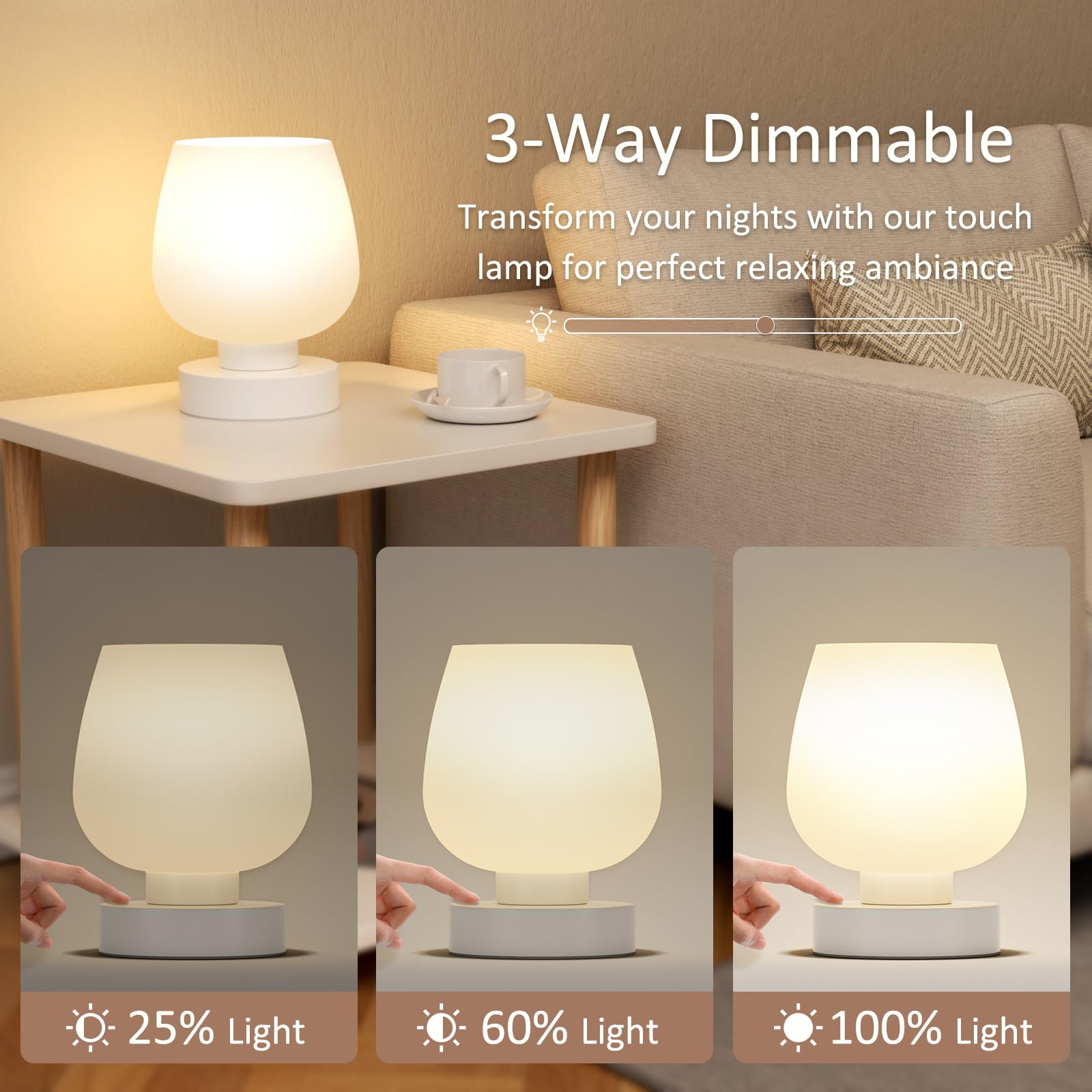 Three-way dimming on Seealle lamp allows tailored brightness for reading or ambience.