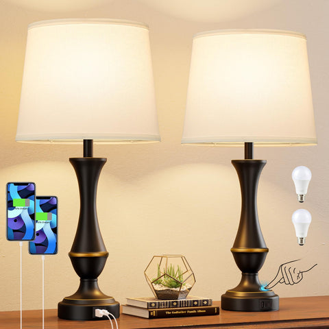 Seealle upgraded touch lamps with black metal base and beige linen shade for warm bedside lighting.