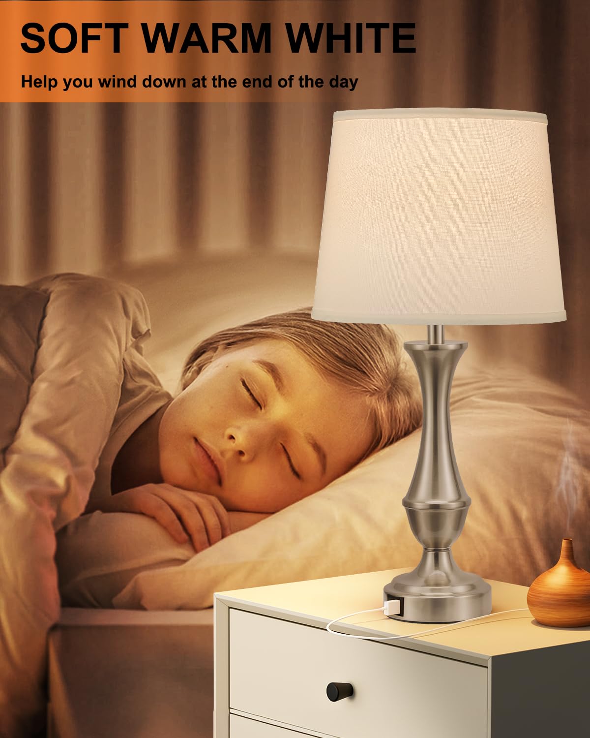 Seealle Upgraded Touch Lamps beige linen shade with white nickel finish for versatile decor.