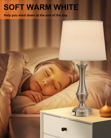 Seealle Upgraded Touch Lamps beige linen shade with white nickel finish for versatile decor.