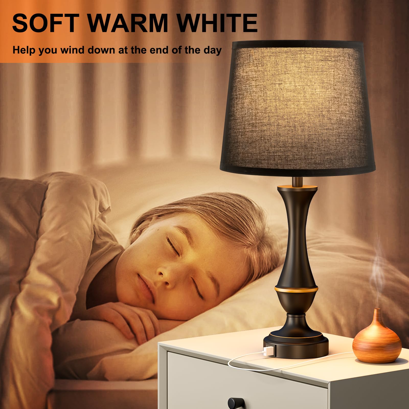 Seealle black metal base with beige linen shade adds timeless style
