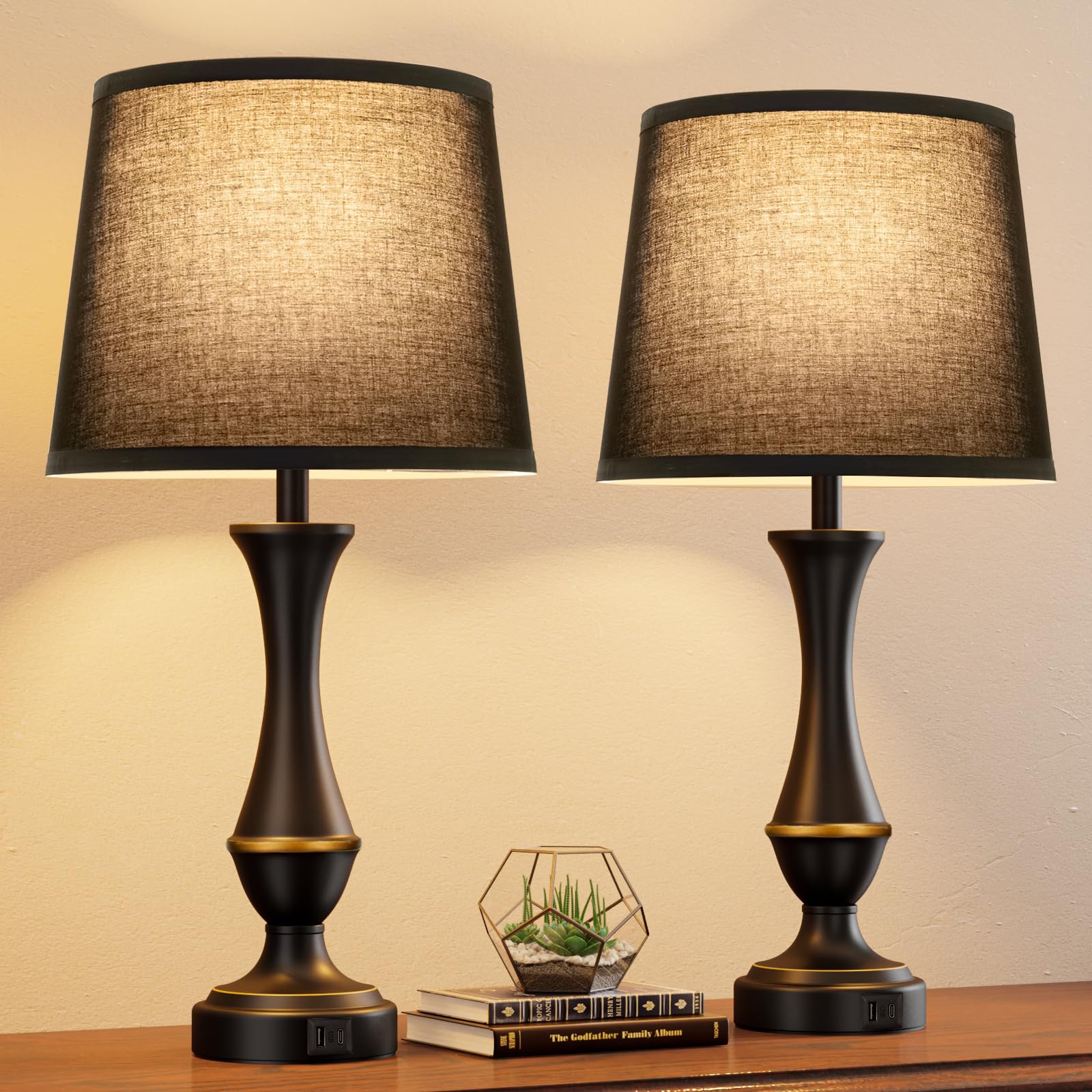 Seealle upgraded touch lamps on nightstand base with USB charging