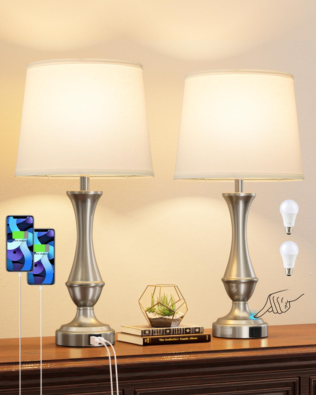 Seealle Upgraded Touch Lamps nightstand base with USB-C port for convenient charging.