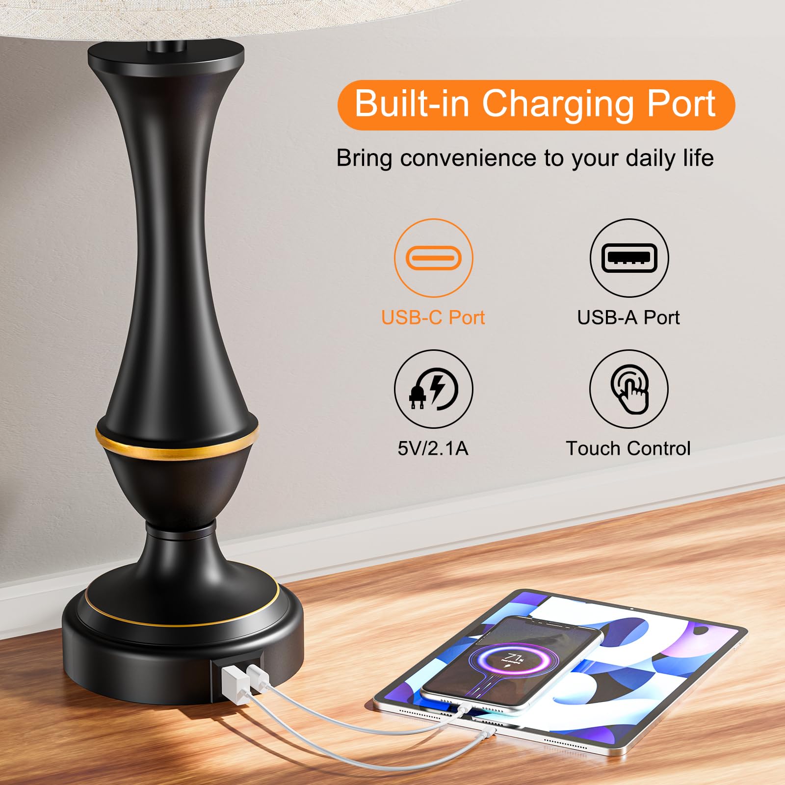 Seealle bedside lamps with USB-C and USB-A charging accessible anytime.