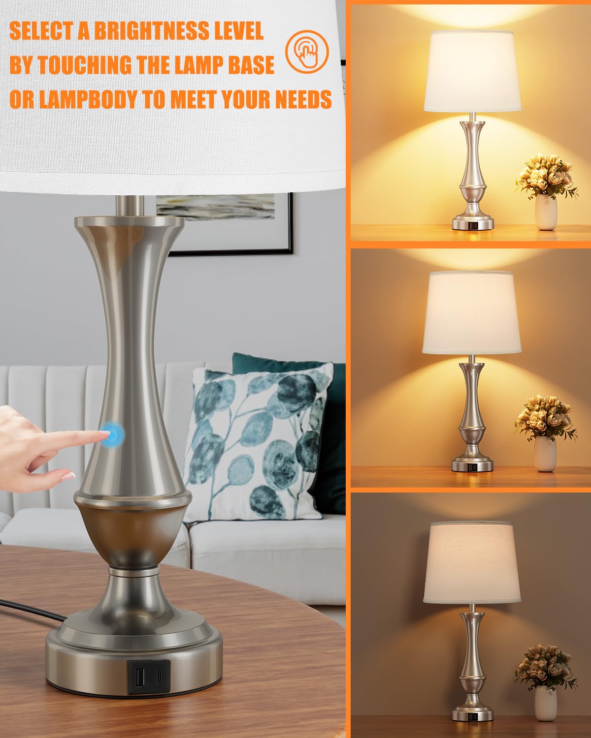 Seealle Upgraded Touch Lamps USB-C and USB-A ports provide simultaneous charging.
