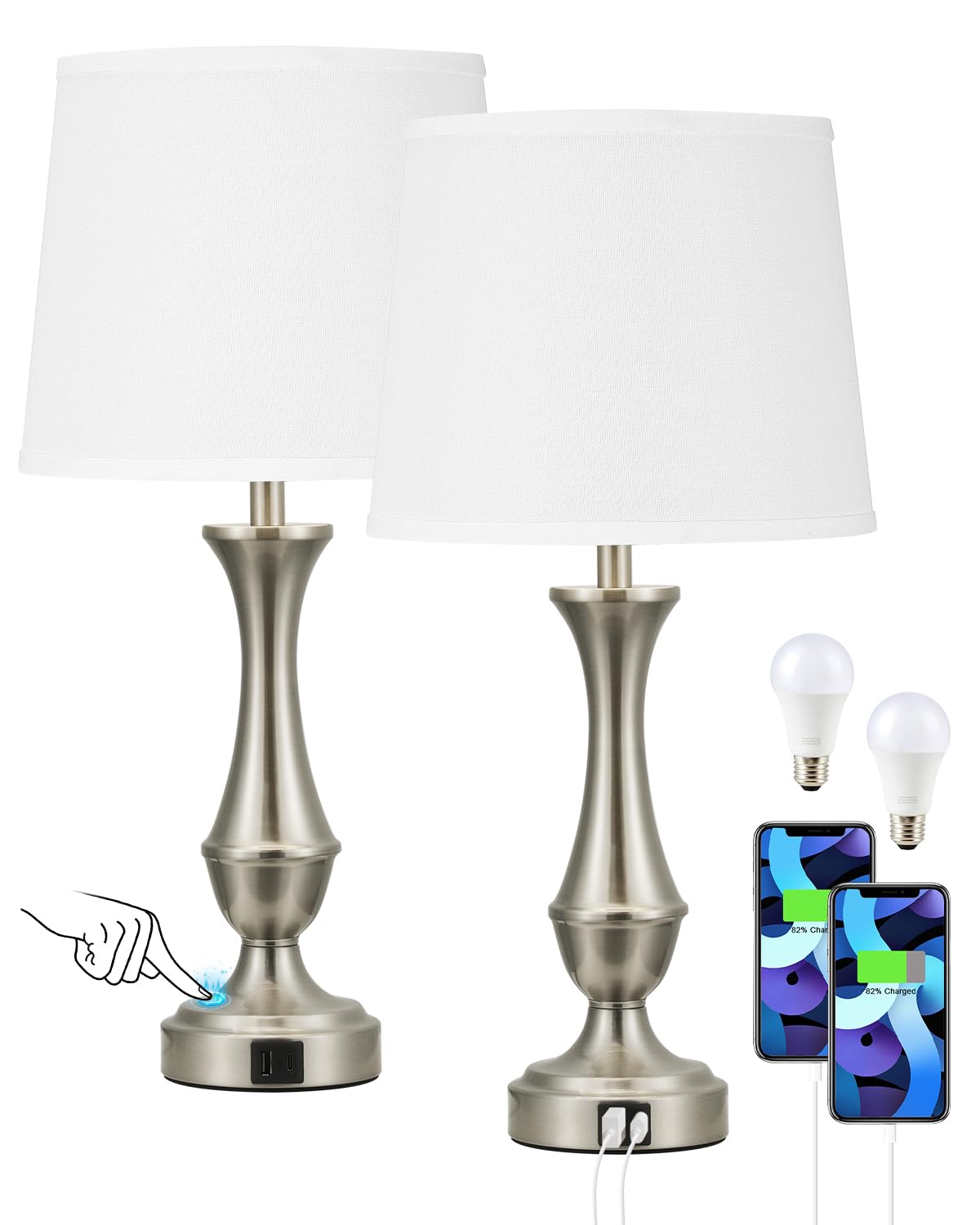 Seealle Upgraded Touch Lamps sturdy base with white nickel finish and shade.
