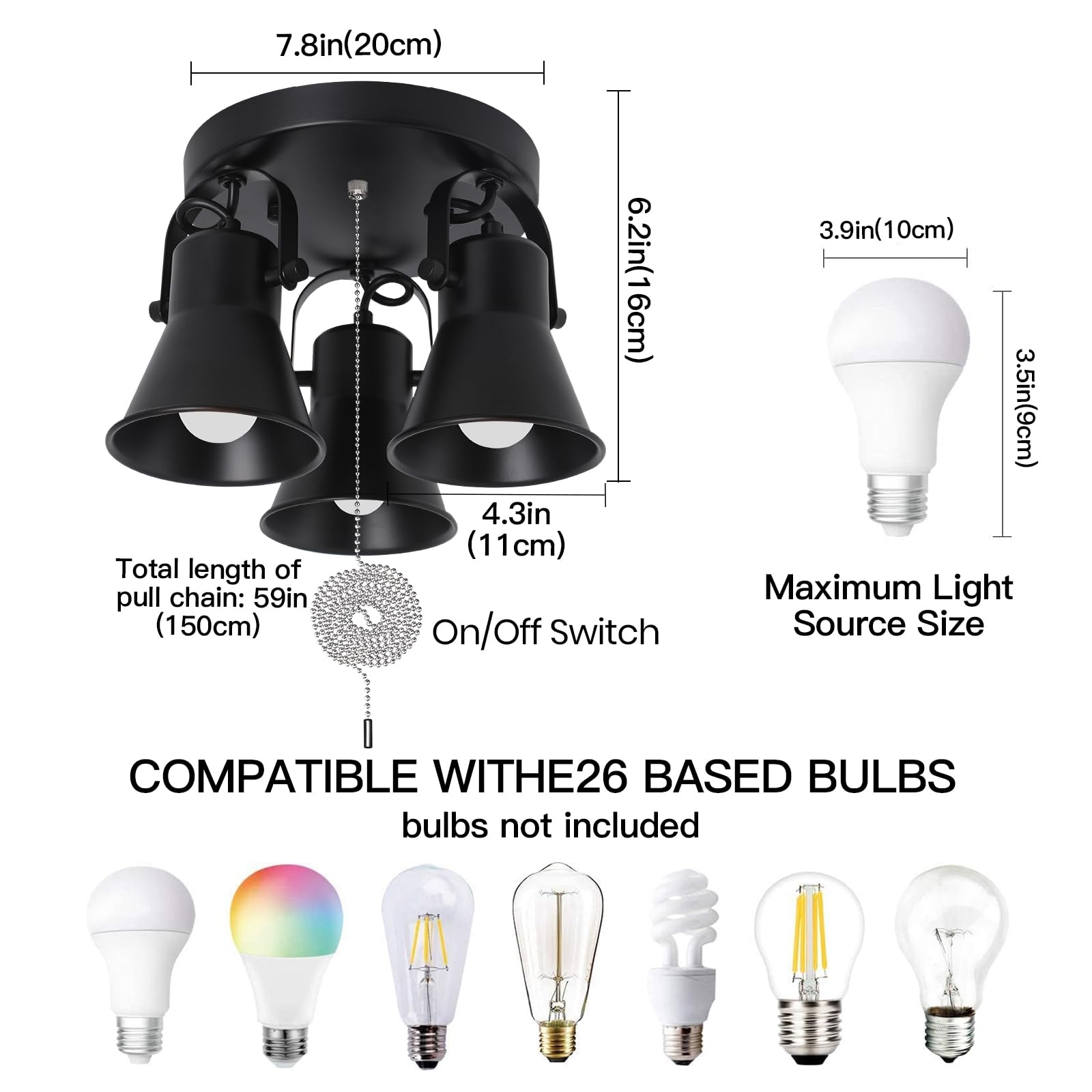 SEEBLEN pull-chain ceiling light in black enables easy control in closets and attics.